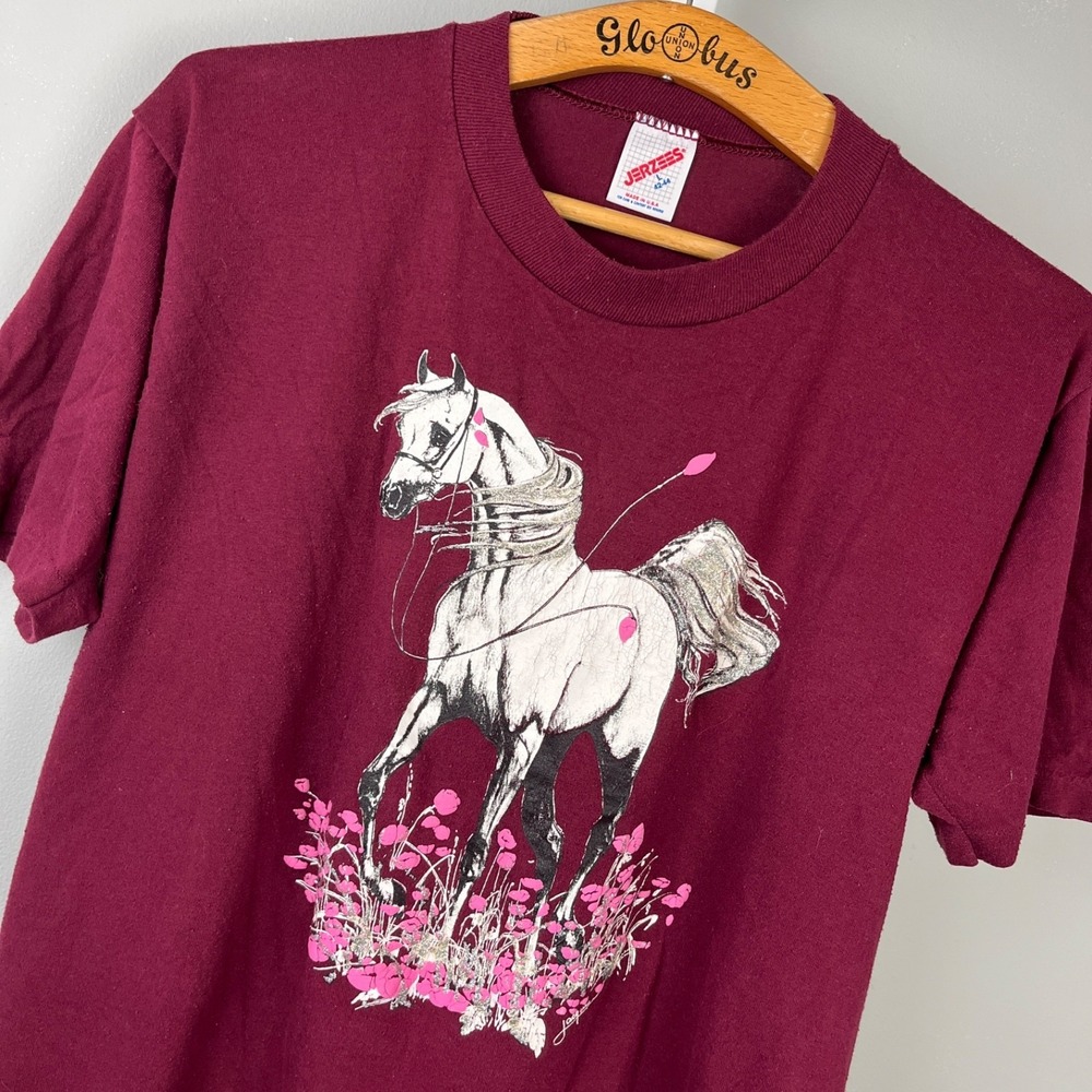 Jerzees Graphic‎ T-Shirt Unisex L Horse Floral Glitter USA Vintage 80s 90s